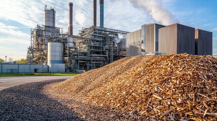 Industrial Biomass Energy Plant with Wood Chips and Machinery Under Clear Sky in Daylight, Promoting Sustainable Power Generation and Eco-Friendly Solutions