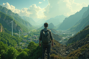 Fototapeta premium hiker with a backpack, wearing a hoodie and jeans, standing on a rugged hillside overlooking a vast river valley, scenic landscape with a misty city skyline in the distance,