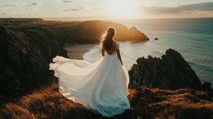 Ethereal Bride in Flowing White Dress Overlooking Sunset Ocean View on Rocky Cliffs in Breathtaking Landscape
