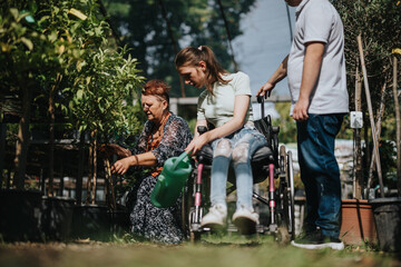 An elderly woman, a girl in a wheelchair, and a boy with Down syndrome engage in an inclusive...