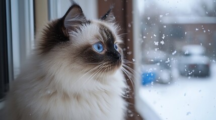 A fluffy Himalayan cat watching snowflakes fall from the safety of a snow-covered porch