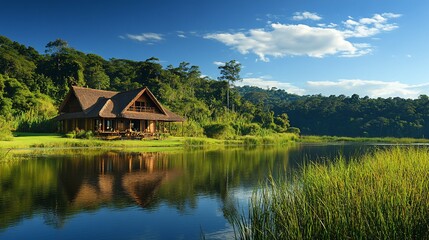 Obraz premium Lakeside cabin nestled in lush green forest.