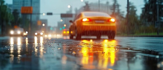 Fototapeta premium A City Street Scene During Rainfall Featuring Reflections on Wet Pavement and Moving Vehicles Captured in a Moody Urban Environment