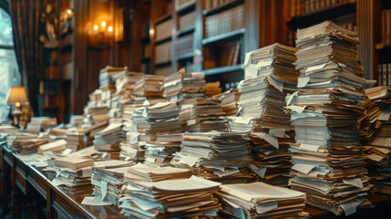 Obraz premium Business office table or desk full of pile or stack of many papers, paperwork documents, bureaucracy.