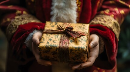 A person in festive attire holds a beautifully wrapped gift, showcasing the joy and spirit of giving during the holiday season