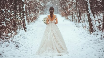 Beautiful Bride Walking Through Snowy Forest Path in Winter Wonderland, Wearing Elegant Wedding Dress and Holding Bouquet Surrounded by Peaceful Nature