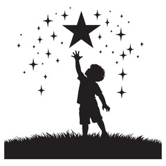 Child reaching for a star silhouette vector art black color design and solid white background 