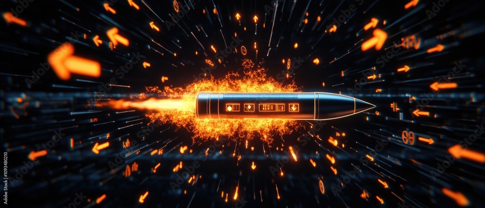 Poster dynamic conceptual illustration of a fast-paced missile surrounded by fiery elements and speed lines