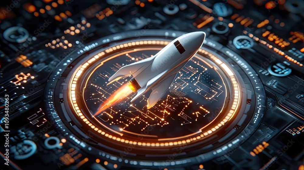 Aufkleber futuristic rocket launching from high-tech digital interface with neon glow, symbolizing innovation 