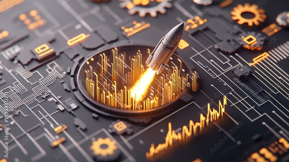 Aufkleber futuristic rocket launching from a technological circuit board with glowing elements and dynamic mot