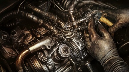 "Dynamic Engine Repair: Mid-Action Shot of Mechanic Tightening a Bolt on Complex Engine System, Captured with Stunning Detail and Precision Using Hasselblad X1D