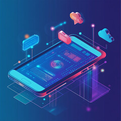 Mobile technology isometric concept. Phone communication with internet services all over world. AI, big data, cloud computing, neural networks in smartphone. Phone app development. Digital technology