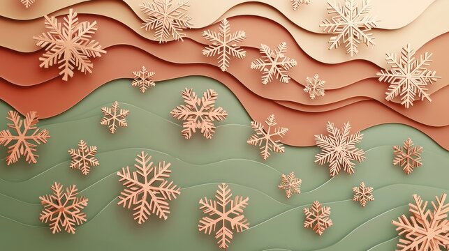 Scattered geometric snowflakes in rose gold, set against a terracotta and olive green background, arranged in a warm pattern with 3D gradients for a modern holiday banner