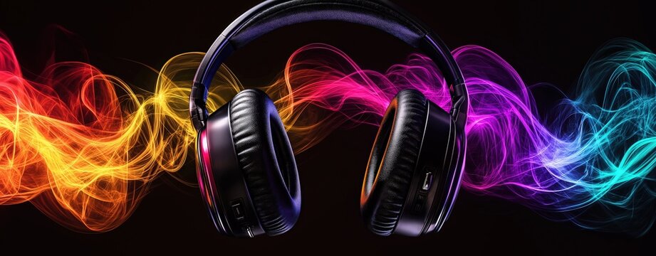 Stylish headphones with vibrant multicolored sound waves flowing around them on a black background