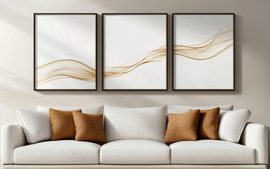 Frame mockup, Set of three sleek frames with abstract art on living room wall, complemented by cozy sofa and decorative cushions, creating warm and inviting atmosphere