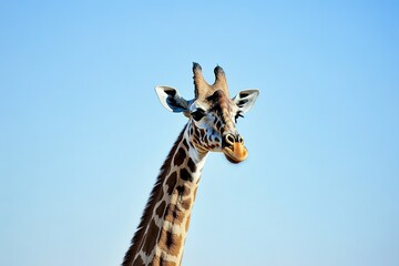 Fototapeta premium Giraffe with a bagel on its horn under blue sky
