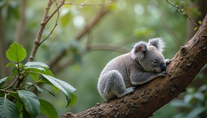 Fototapeta premium Sleepy Koala Resting Peacefully on Tree Branch in Lush Australian Forest