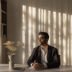 imagine an image close up portrait of business man that shows how light changes from morning to afternoon in a luxury modern minimal workspace, in the style of goop