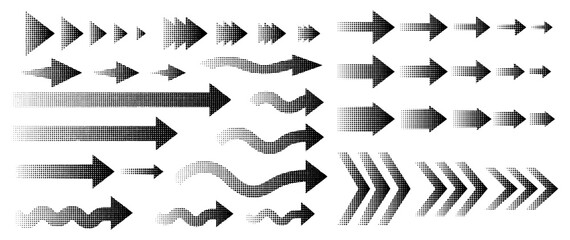 Set of different shapes of halftone effect arrows, hand-drawn in black for design in fun presentations and animated visuals with tonal gradient effect. vector illustration