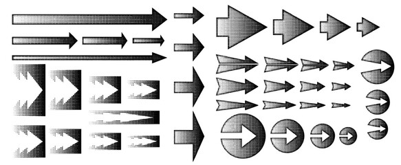 Set of different shapes of halftone effect arrows, hand-drawn in black for design in fun presentations and animated visuals with tonal gradient effect. vector illustration