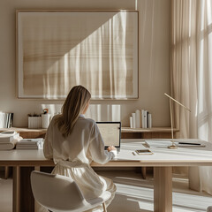 imagine an image close up portrait of business man that shows how light changes from morning to afternoon in a luxury modern minimal workspace, in the style of goop