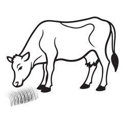 Cow grazing in a field silhouette vector art black color design and solid white background 