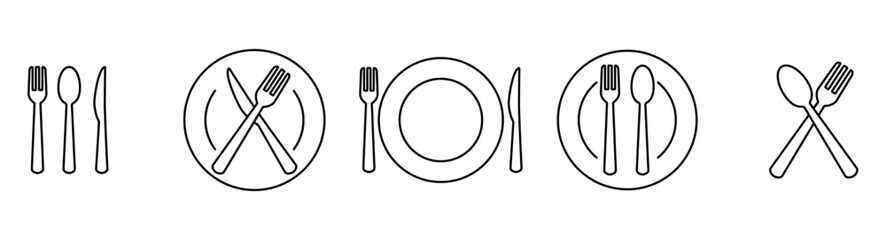Simple set of spoon, fork, knife and plate icon set in line, menu logo, Symbol of cutlery. Cutlery or tableware in restaurant, kitchen. Vector illustration on transparent background.