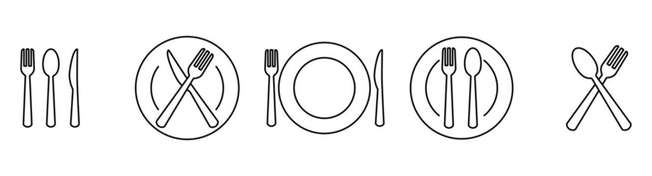 Simple set of spoon, fork, knife and plate icon set in line, menu logo, Symbol of cutlery. Cutlery or tableware in restaurant, kitchen. Vector illustration on transparent background.