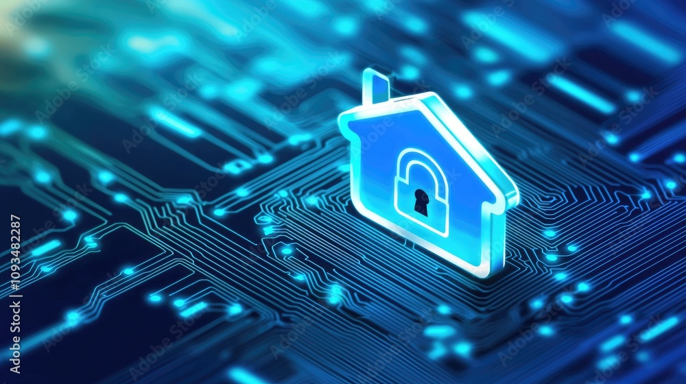 Aufkleber modern digital home security concept with lock icon on circuit board background for technology and s