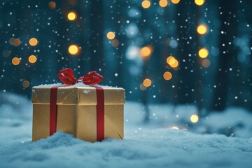 Christmas golden gift box with red ribbon on snow against a blurred background of a night winter forest and glowing lights, a banner design Generative AI