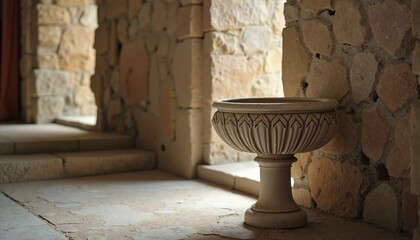 Ornate Stone Baptismal Font in Elegant Beige Tones Against Ancient Church Interior with Copy Space