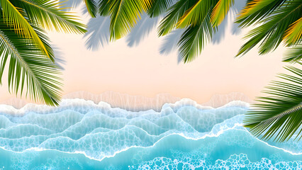 Fototapeta premium Aerial View of Tropical Beach Scene with Palm Leaves and Crystal Waves. Beach banner background