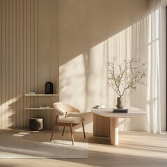 imagine an image that shows how light changes from morning to afternoon in a luxury modern minimal workspace, in the style of goop