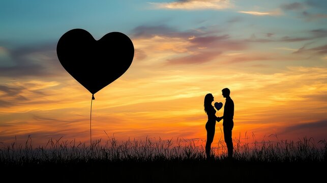 Romantic Silhouette of Couple Holding Heart Against Beautiful Sunset with Balloon Heart in Background, Symbolizing Love and Togetherness in Nature