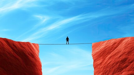 Man Standing on a Tightrope Over a Deep Chasm Representing Courage, Balance, and Risk in an Uncertain Environment with Dramatic Landscape and Clear Sky