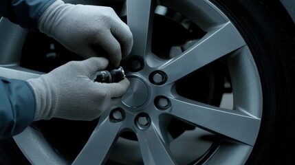 Precision Tire Inspection: Mechanic Using Pressure Gauge on New Tire with Minimal Background, Ideal for Automotive Maintenance, Tire Care, and Workshop-Themed Visuals