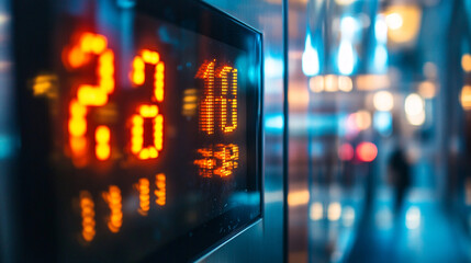Close shot of a digital floor indicator, numbers changing as the elevator ascends.