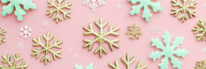 Scattered geometric snowflakes in soft gold, set against a pastel pink background with mint green accents, arranged in a playful pattern with 3D gradients for a festive look