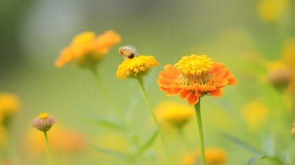 Obraz premium Orange Zinnia Flower With Bee In Flight