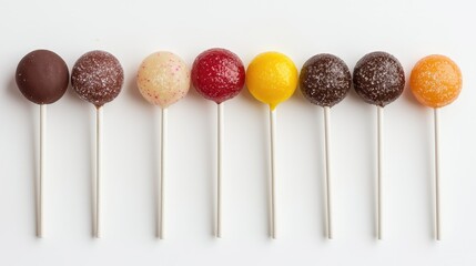 Colorful Assorted Lollipops on Sticks Featuring Different Flavors and Textures Against a White Background for Sweet Treat Photography