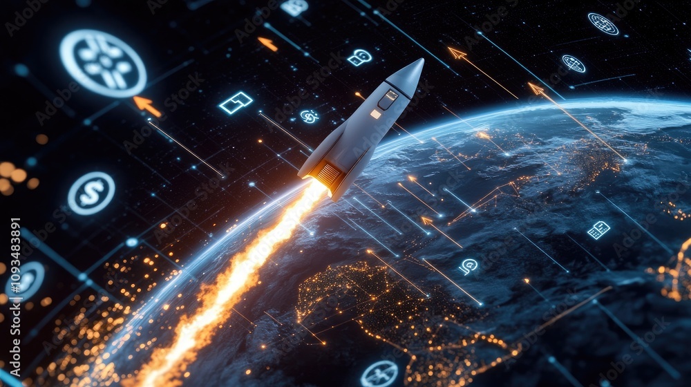 Poster futuristic rocket launching from earth with vibrant data streams and icons representing global conne
