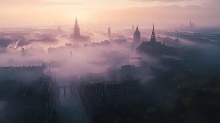 Fototapeta premium A breathtaking view of a foggy cityscape at dawn, with soft light illuminating historic buildings and peaceful streets. Foggy Swamp Landscape. Illustration