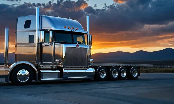 Captivating Sunset Over Desert Landscape with a Modern Flatbed Truck Parked on an Expansive Asphalt Lot Surrounded by Majestic Mountains