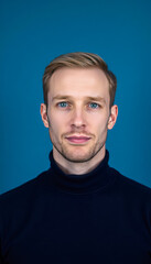Obraz premium Man with Light Brown Hair in Dark Blue Turtleneck Sweater on Solid Blue Background