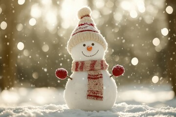 Fototapeta premium Snowman, striped scarf, knit hat, red mittens, snowy landscape, bokeh lights, winter forest, snowfall, magical atmosphere, joyful smile - festive card or digital winter background.