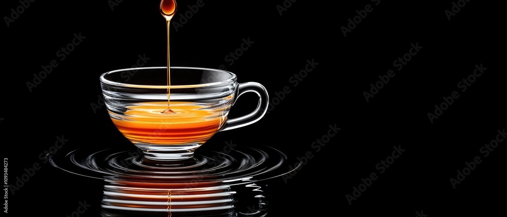Poster elegant glass cup with dripping honey over smooth surface, capturing the rich color and texture in a