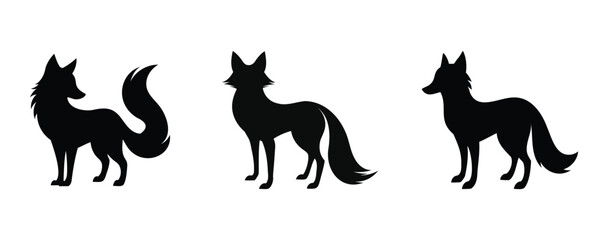 Silhouettes of three foxes in different poses, featuring bushy tails and pointed ears. The black-and-white design highlights elegance and simplicity