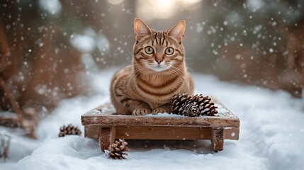 A cat sitting on a rustic wooden sled placed in the middle of a snow-covered path surrounded by pinecones