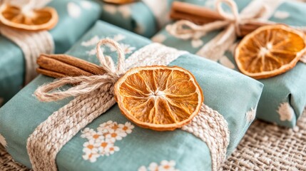 Christmas Gifts Wrapped in Fabric with Dried Orange and Pine Decoration. Sustainable Furoshiki Gift Wrapping.