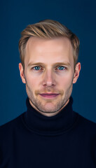 Obraz premium Man with Light Brown Hair in Dark Blue Turtleneck Sweater on Solid Blue Background